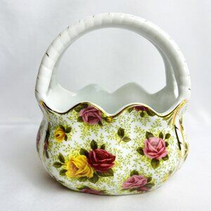Chintz Formalities Porcelain Basket Vintage Yellow & Pink Roses by Baum Bros.
